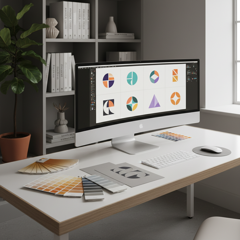 Professional graphic design workspace with modern equipment and design materials